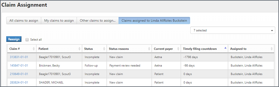 Claim Assignment page shows all the claims assinged to the biller.